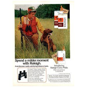 1974 Raliegh Cigarettes Milder Moment Vintage Print Ad Brown Hound Dog Hunting